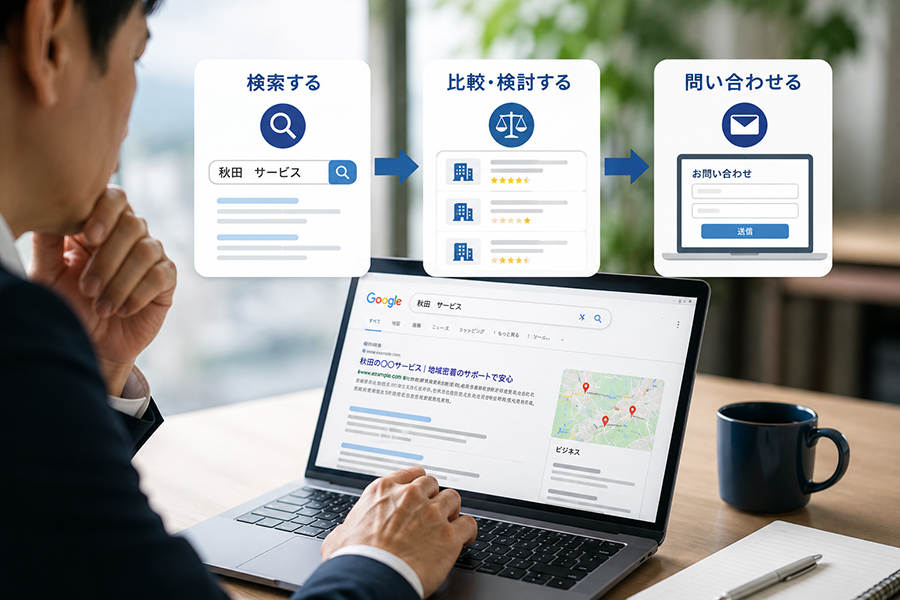 SEO対策による「検索→比較検討→問い合わせ」の流れを表現したWeb集客イメージ画像