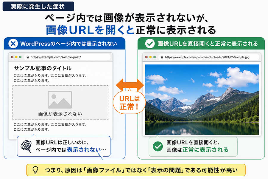 WordPressのページ内では画像が表示されないが画像URLを直接開くと表示される症状